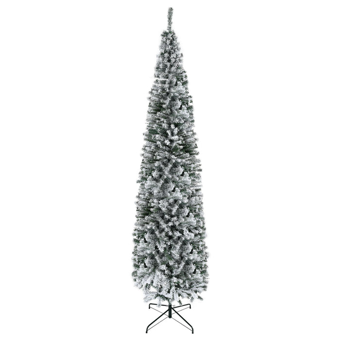 9FT Snow Flocked Slim Pencil Artificial Christmas Tree — 1014 Tips, Unlit, Hinged, Foldable Steel Base - Monsta Online