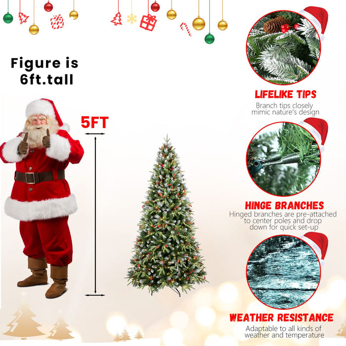 5FT Pre - Lit Artificial Christmas Tree — 250 Warm LED, Snow - Tipped, Berries & Pine Cones, Hinged, Metal Stand - Monsta Online