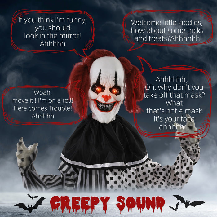 6ft Animatronic Halloween Clown – Sound Activated Red Haired Creepy Standing Prop, Creepy Sounds and Glowing LED Eyes - Monsta Online