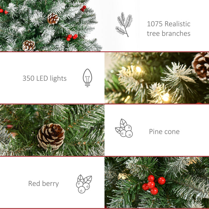 7.5FT Slim Snow Flocked Pre - Lit Artificial Christmas Tree — 350 Warm White LEDs, Pine Cones, Red Berries, 1075 Tips - Monsta Online