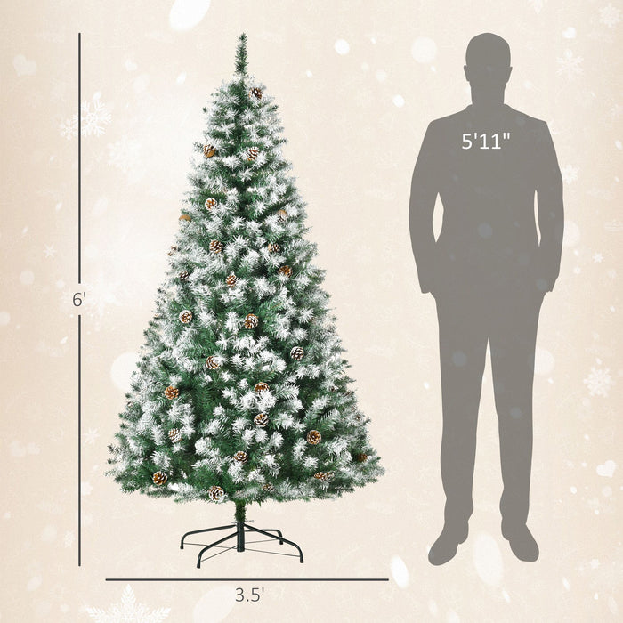 6FT Snow Flocked Artificial Christmas Tree — 800 Tips, 61 Pine Cones, Unlit, Auto - Open Hinged, Steel Base - Monsta Online