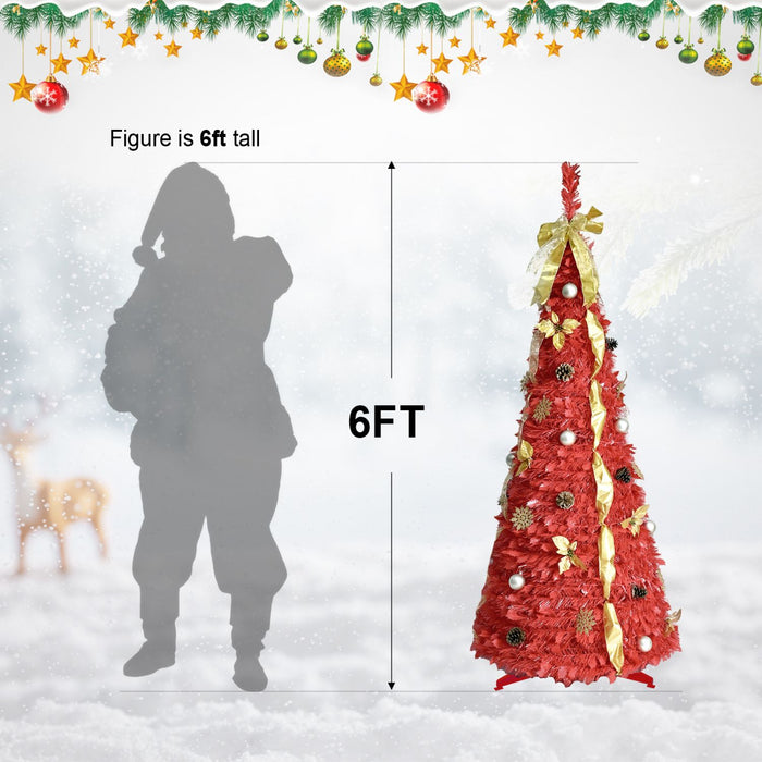 6FT Pre - Lit Red Pop - Up Artificial Christmas Tree — 150 Warm LED, Fully Decorated, Instant Setup - Monsta Online