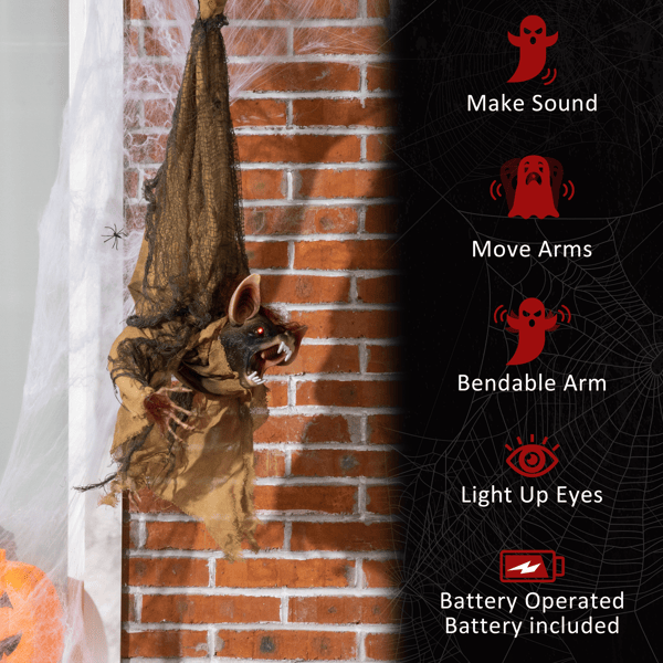 3ft Hanging Halloween Animatronic Bat – Sound Activated with Red Light - Up Eyes and Creepy Laughs - Monsta Online