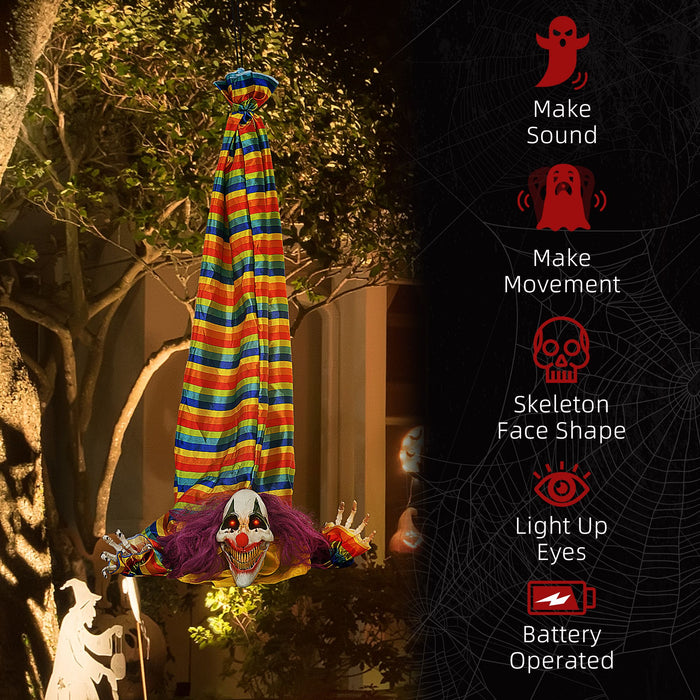 3.7ft Sound Activated Hanging Clown Corpse – Halloween Animatronic with Red Glowing Eyes, Circus Music and Waving Arms - Monsta Online