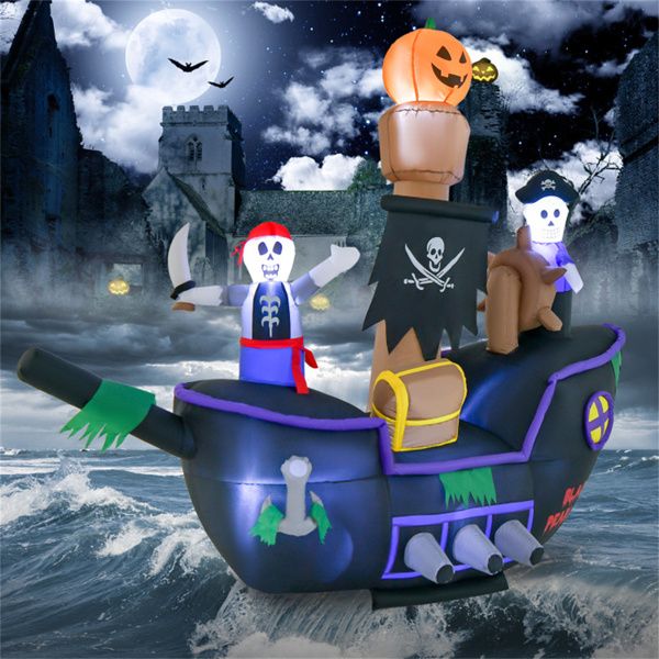 7FT Halloween Inflatable Pirate Ship with Skeletons & LED Lights - Monsta Online
