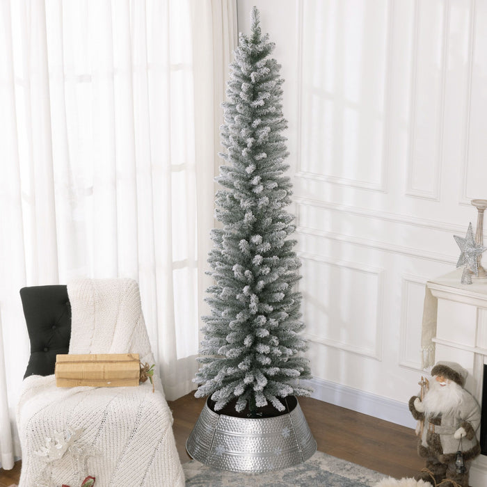 7FT Snow Flocked Pencil Artificial Christmas Tree — 405 Tips, Unlit, Slim Space - Saving, Metal Base - Monsta Online
