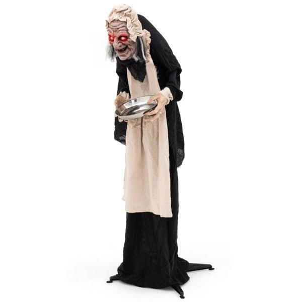 5.2ft Halloween Animatronic Old Lady Maid – Motion Activated with Flashing Red Eyes and Creepy Talking Phrases - Monsta Online