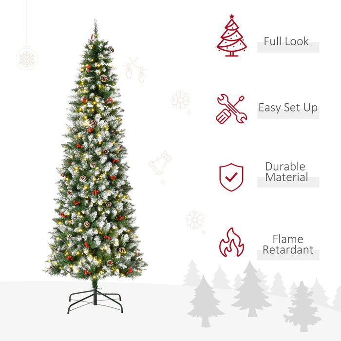 7.5FT Slim Snow Flocked Pre - Lit Artificial Christmas Tree — 350 Warm White LEDs, Pine Cones, Red Berries, 1075 Tips - Monsta Online