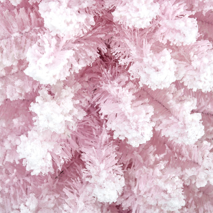 7FT Flocked Pink Pencil Artificial Christmas Tree — 499 Snow Tips, Unlit, Slim Space - Saving, Metal Base - Monsta Online