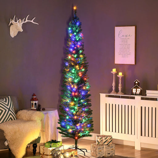 7FT Pencil Pre - Lit Artificial Christmas Tree — 180 Multi - Color LEDs, 499 Tips, Pine Cones, Steel Base - Monsta Online