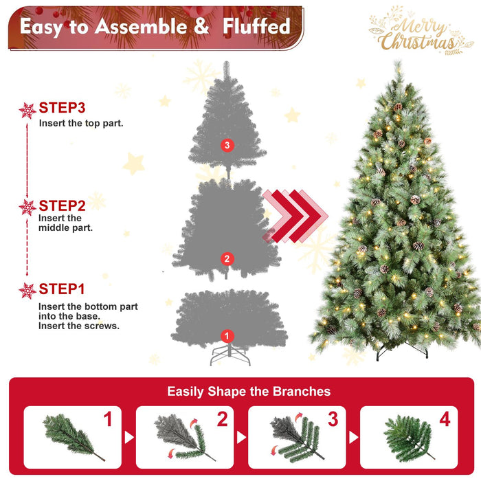 7FT Pre - Lit Artificial Christmas Tree — 1348 Tips, 400 LED Lights, Pinecones, Hinged - Monsta Online