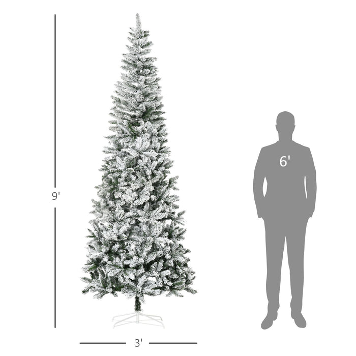 9FT Snow Flocked Pencil Artificial Christmas Tree — 1084 Tips, Unlit, Auto - Open, Green White, Steel Base - Monsta Online