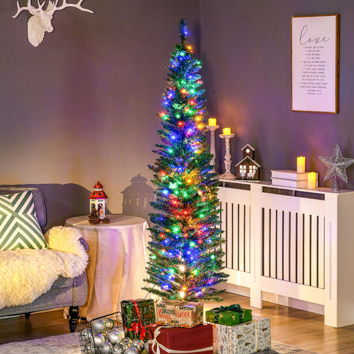 6FT Pencil Pre - Lit Artificial Christmas Tree — 150 Multicolor LEDs, 390 Tips, Pine Cones, Steel Base - Monsta Online