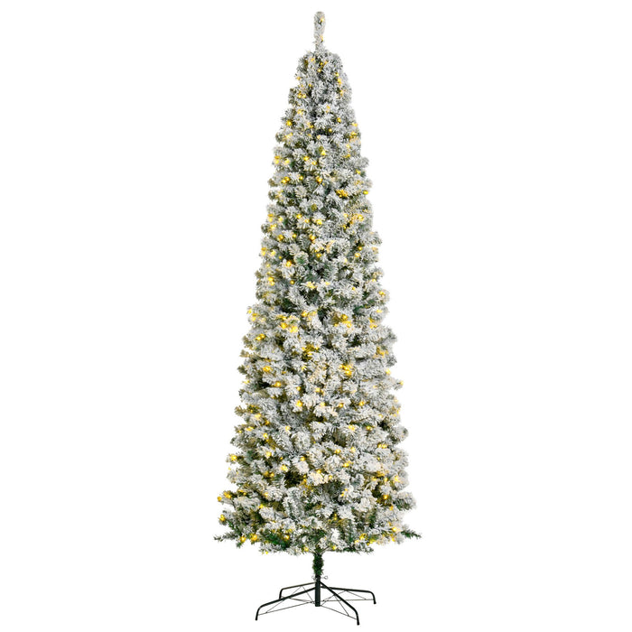 9FT Snow Flocked Pre - Lit Artificial Christmas Tree — 550 Warm White LEDs, 988 Tips, Hinged, Steel Base - Monsta Online