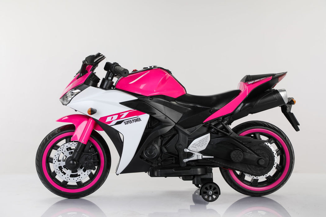 12V Electric Ride - On Pink Motorcycle with Throttle and Lighted Training Wheels - Monsta Online