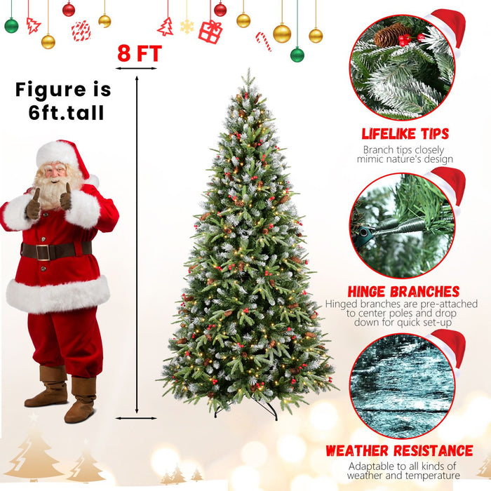8FT Pre - Lit Snow Frosted Artificial Christmas Tree — 2851 Tips, 600 Lights, Pinecones, Berries - Monsta Online