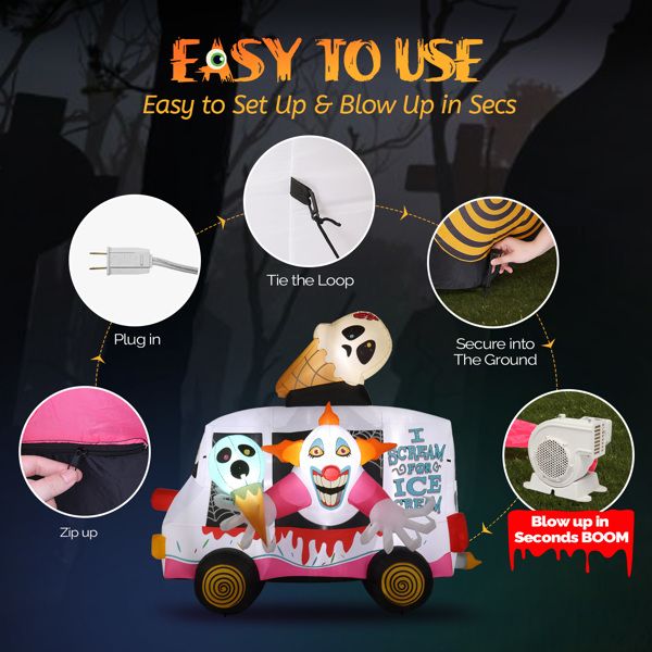 8ft Scary Clown Ice Cream Truck Halloween Inflatable with LED Lights - Monsta Online