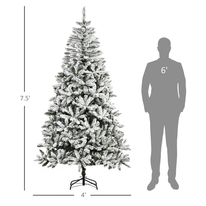 7.5FT Snow Flocked Artificial Christmas Tree — 1300 Tips, Unlit, Auto - Open Hinged, Green White, Steel Base - Monsta Online