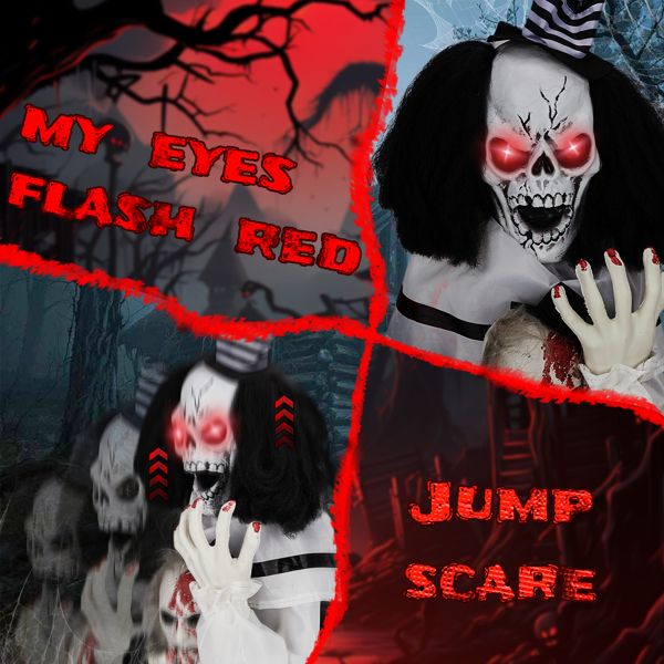 2.4ft Halloween Animatronic Clown – Sound - Activated Jumping with Creepy Sounds and Glowing Eyes - Monsta Online