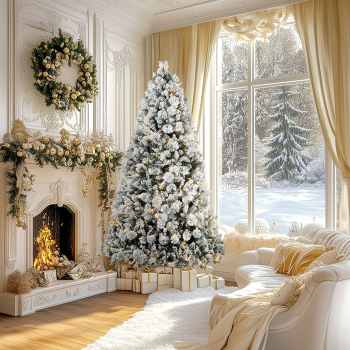7.5FT Snow Flocked Pre - Lit Artificial Christmas Tree — 500 Warm White Clear Lights, 1530 Tips, UL Listed - Monsta Online