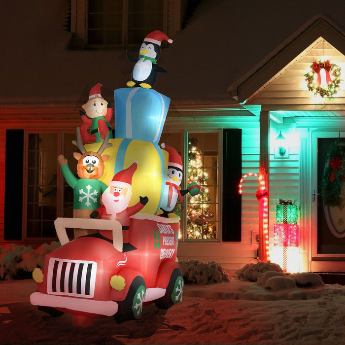 9FT Prelit Inflatable Santa Driving Gift Car with Elk, Elf & Penguins and LED Lights - Outdoor Christmas Decoration - Monsta Online