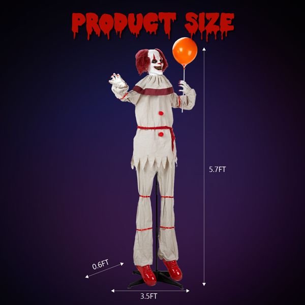 5.7ft Sound - Activated Halloween Animatronic Clown with Balloon – Creepy Talking with Red Eyes and Shaking Head - Monsta Online