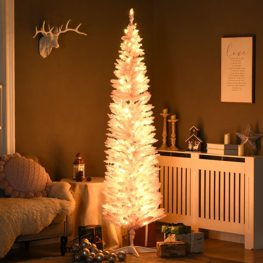 7FT Pink Pencil Pre - Lit Artificial Christmas Tree — 200 Warm White LEDs, 499 Tips, Slim Space - Saving - Monsta Online