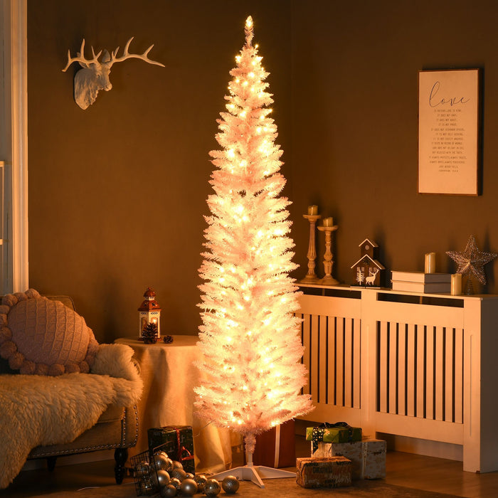 7FT Pink Pencil Pre - Lit Artificial Christmas Tree — 200 Warm White LEDs, 499 Tips, Slim Space - Saving - Monsta Online