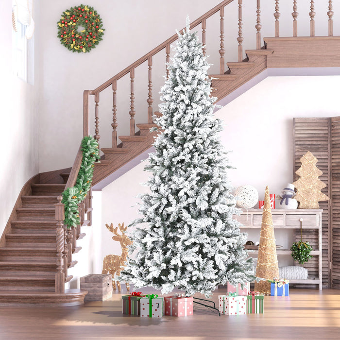 9FT Flocked Artificial Christmas Tree — 2068 Downswept Cedar Tips, Snow, Unlit, Auto - Open, Steel Base - Monsta Online