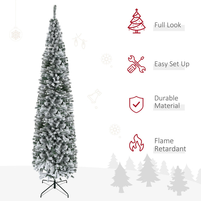 9FT Snow Flocked Slim Pencil Artificial Christmas Tree — 1014 Tips, Unlit, Hinged, Foldable Steel Base - Monsta Online