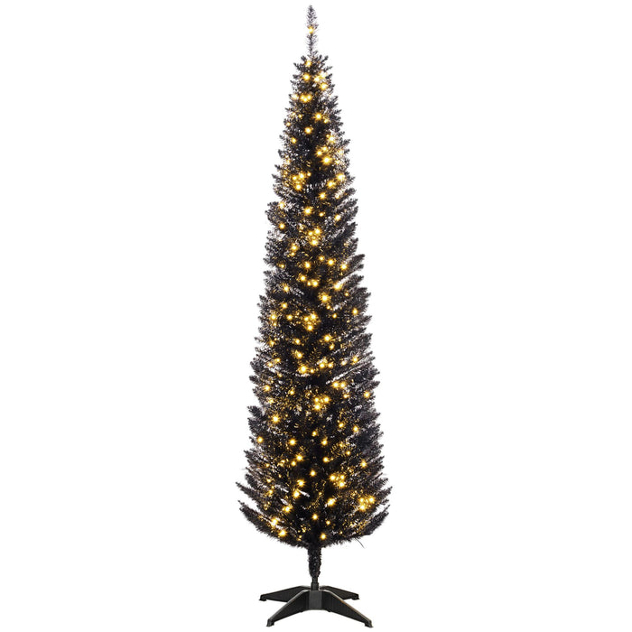7FT Black Pre - Lit Pencil Artificial Christmas Tree — 250 Warm White LEDs, 499 Tips, Slim, Steel Base - Monsta Online