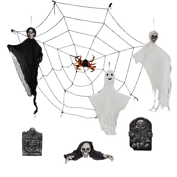 8 - Piece Outdoor Halloween Decoration Set 5.9ft Cobweb – Red Flashing Eyes, Hanging Ghosts, Gravestones and Spider - Monsta Online