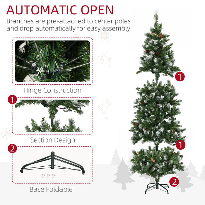 6FT Slim Pre - Lit Artificial Christmas Tree — 250 Warm White LEDs, 703 Tips, Snow - Dipped Branches, Pinecones, Auto - Open - Monsta Online