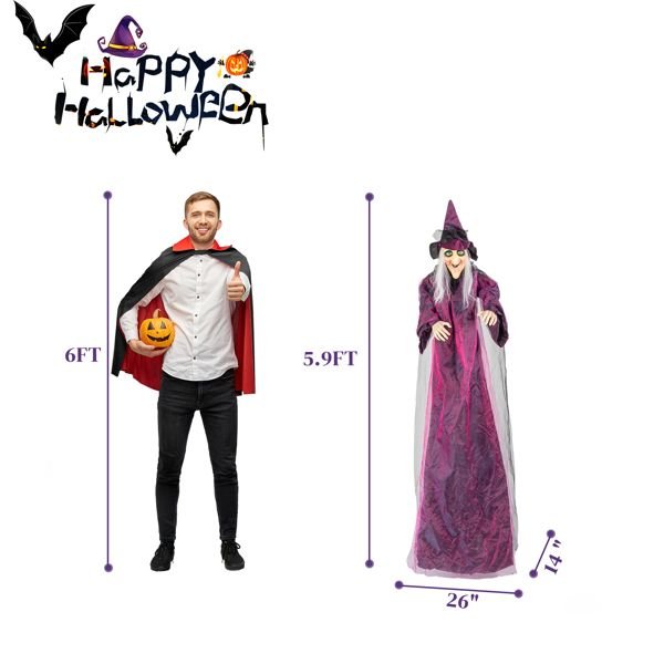 5.9ft Sound - Activated Hanging Witch with Light - Up Eyes and Creepy Voice - Monsta Online