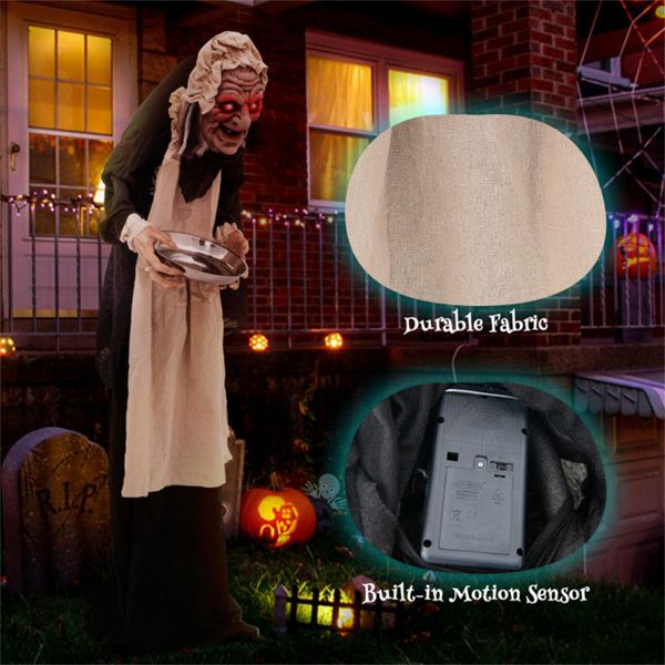 5.2ft Halloween Animatronic Old Lady Maid – Motion Activated with Flashing Red Eyes and Creepy Talking Phrases - Monsta Online
