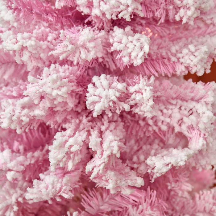 6FT Pink Snow Flocked Pencil Artificial Christmas Tree — 520 Tips, Unlit, Auto - Open Hinged, Steel Base - Monsta Online