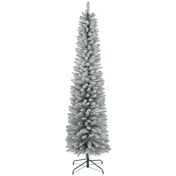 7FT Snow Flocked Pencil Artificial Christmas Tree — 405 Tips, Unlit, Slim Space - Saving, Metal Base - Monsta Online