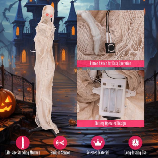 6ft Animatronic Halloween Mummy – Sound Activated with Red LED Glowing Eyes and Posable Body - Monsta Online