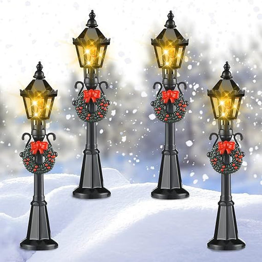 4.7" LED Christmas Lamp Post Village Accessories with Wreath - Set of 4 Miniature Street Lights - Monsta Online