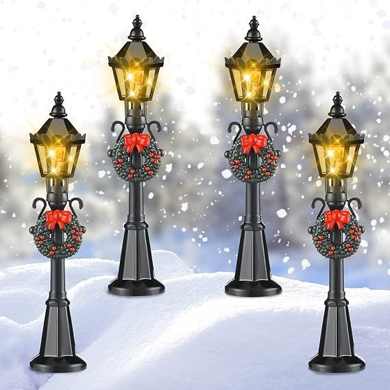 4.7" LED Christmas Lamp Post Village Accessories with Wreath - Set of 4 Miniature Street Lights - Monsta Online