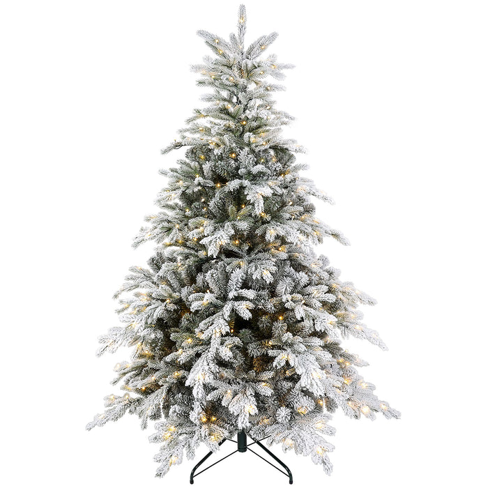 6FT Pre - Lit Snow Flocked Artificial Christmas Tree — 300 LED Lights, 1321 Tips, Auto - Unfold, Metal Base - Monsta Online