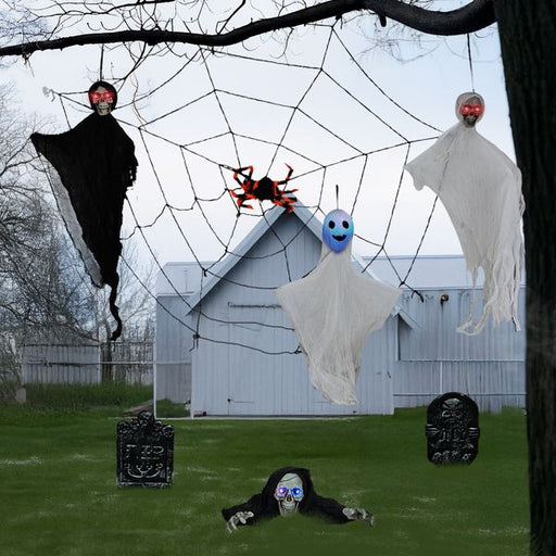 8 - Piece Outdoor Halloween Decoration Set 5.9ft Cobweb – Red Flashing Eyes, Hanging Ghosts, Gravestones and Spider - Monsta Online