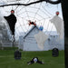 8 - Piece Outdoor Halloween Decoration Set 5.9ft Cobweb – Red Flashing Eyes, Hanging Ghosts, Gravestones and Spider - Monsta Online