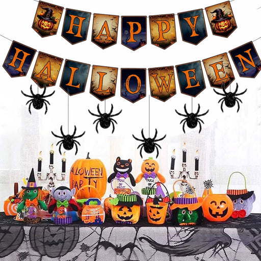 Happy Halloween Banner with Hanging Spider Garland – Party Decoration Set - Monsta Online