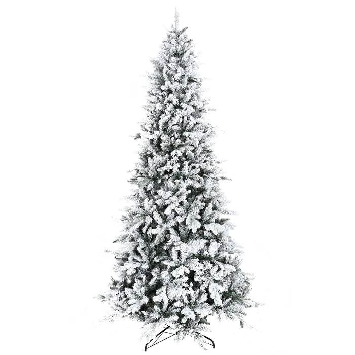 9FT Flocked Artificial Christmas Tree — 2068 Downswept Cedar Tips, Snow, Unlit, Auto - Open, Steel Base - Monsta Online