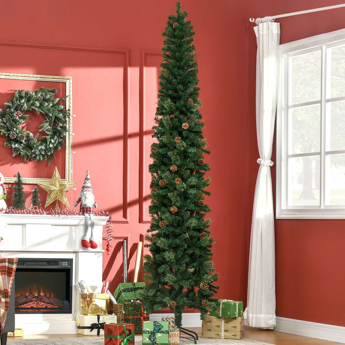 9.5FT Pencil Artificial Christmas Tree — 1132 Tips with Pine Cones, Pine Needles, Unlit, Metal Base - Monsta Online