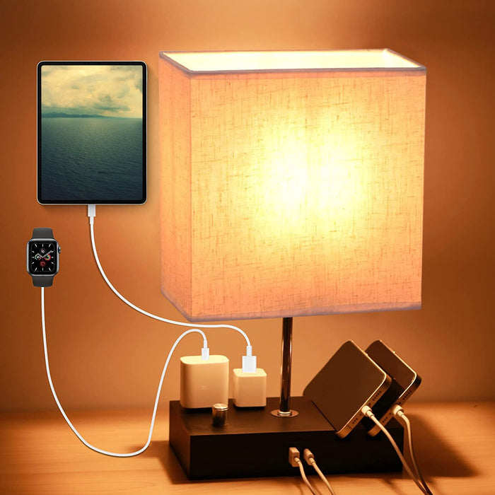 Fully Dimmable Bedside Table Lamp with Power Outlets USB Ports and Wooden Base - Monsta Online