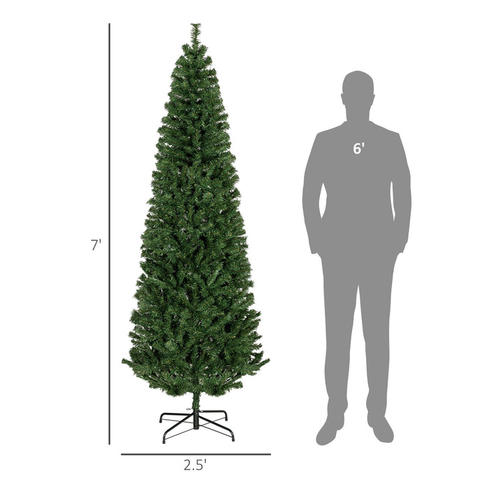 7FT Slim Pencil Artificial Christmas Tree — 818 Tips, Unlit, Auto - Open, Space - Saving, Steel Base - Monsta Online