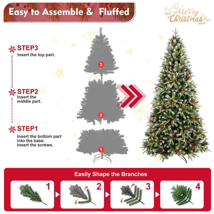 6FT Pre - Lit Artificial Christmas Tree — 350 Warm LED, Snow - Tipped, Berries & Pine Cones, Metal Stand - Monsta Online