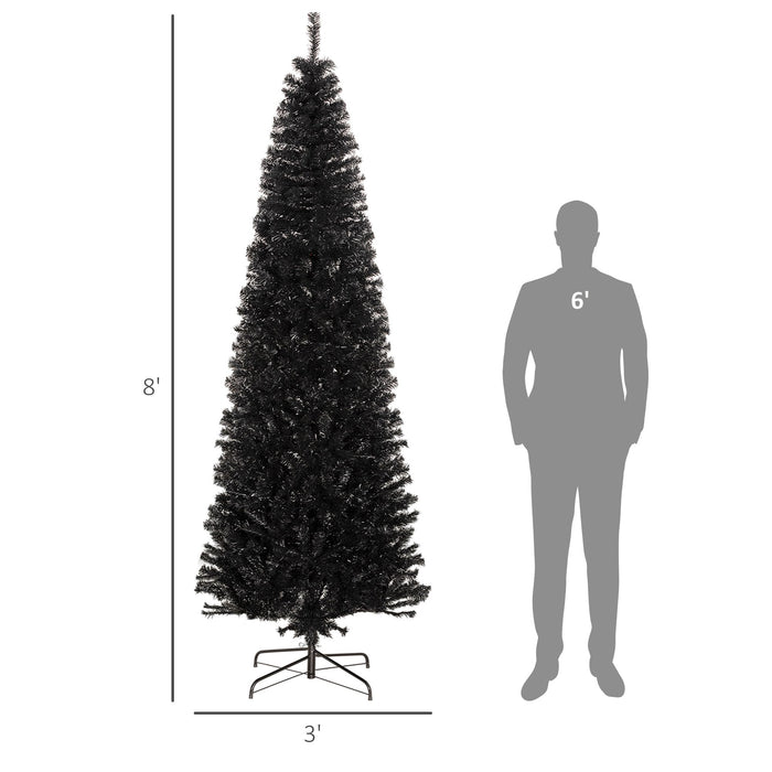8FT Black Pencil Artificial Christmas Tree — 1168 Tips, Slim Space - Saving, Unlit, Steel Base - Monsta Online